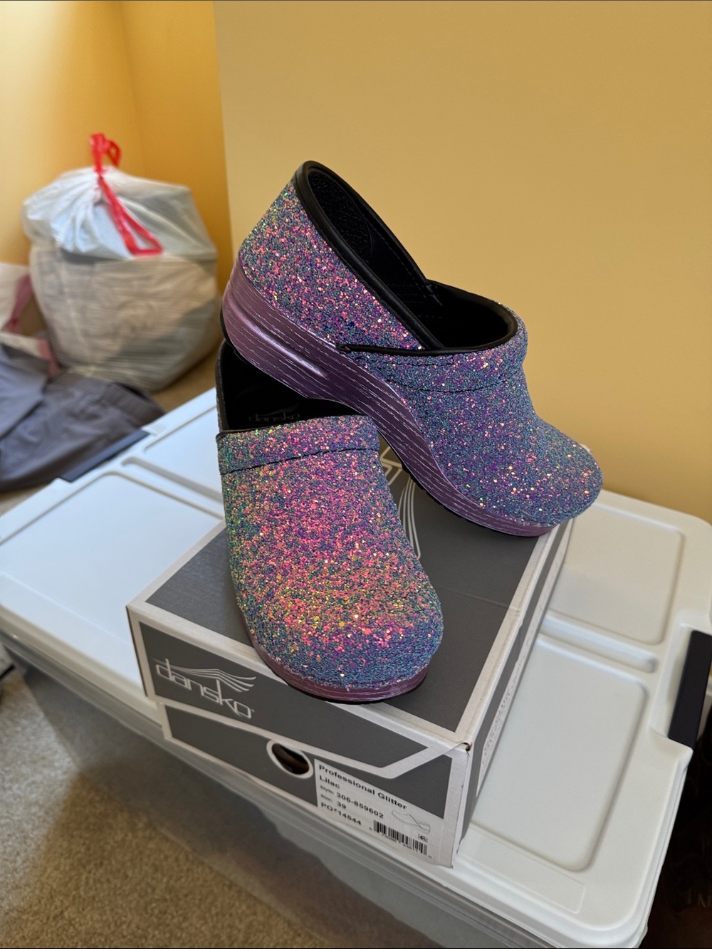 Dansko Purple Glitter Clogs with Multicolor Sparkle
